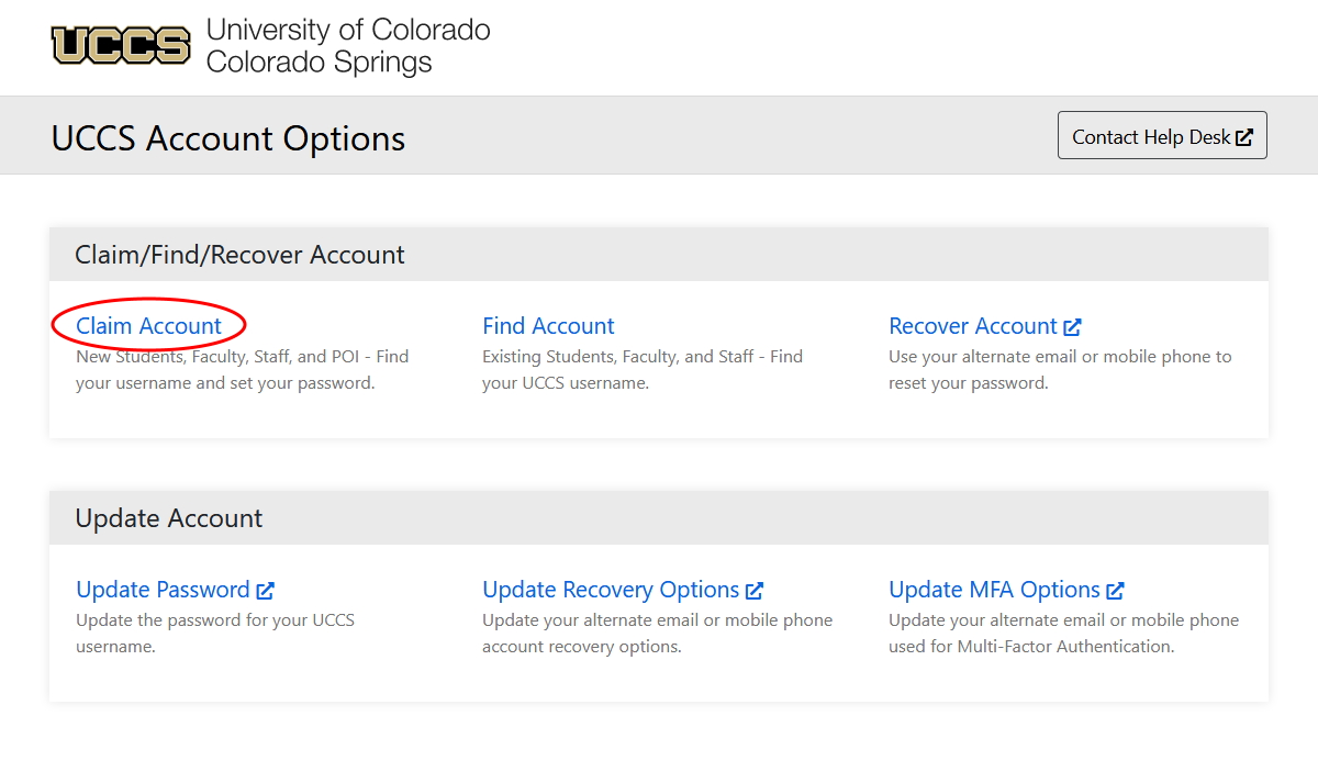 click the "Claim Your Account" link on the accounts.uccs.edu menu
